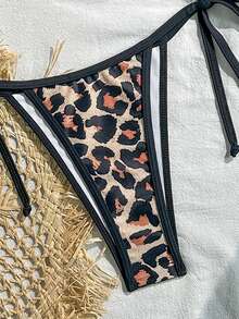 Women's Backless Leopard Print Patchwork Bikini Set (Top And Bottom), Casual Summer - Black - View 6