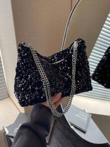 1 件绗缝拉链封口 PVC 亮片托特包，大容量闪亮腋下包，时尚链条单肩斜挎包，适合女性外出、度假、聚会、宴会 - 黑色 - 查看 2