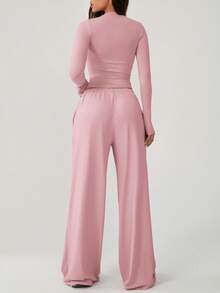 NcmRyu 1 Set Women Comfortable Casual Solid Color Round Neck Wide Leg Straight Loose Fit Long Sleeve Fitness Workout Running Outdoor Sports Suit