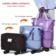 حقيبة سفر متعددة الوظائف ذات عجلات عالمية، حقيبة سفر قابلة للطي ذات سعة كبيرة، حقيبة تخزين وتنقل قابلة للتوسيع، حقيبة رياضية وصحية منفصلة للجاف والرطب، حقيبة سفر لإدخالها داخل حقيبة التروللي