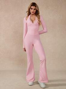 NcmRyu 1件舒适休闲圆领阔腿直筒塑形提拉长袖连体裤粉色春季 - 粉色 - 查看 5