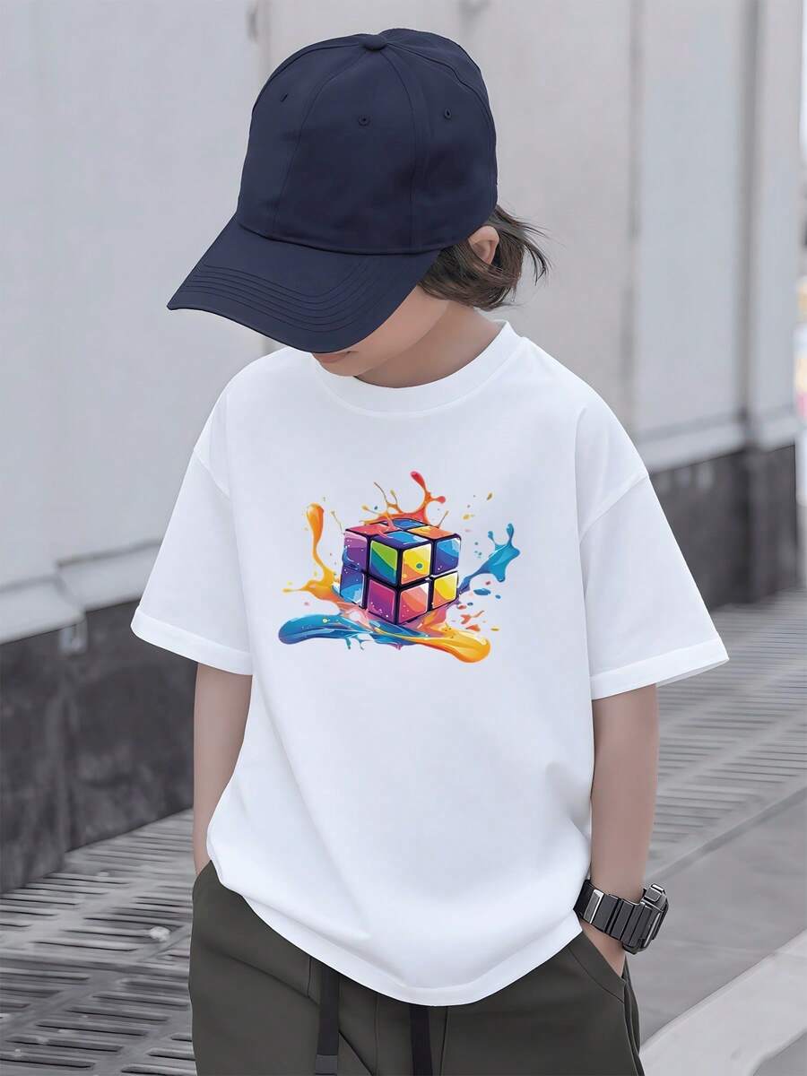 Colorful Magic Cube Bursting With Rainbow Splashes Represents Creativity Imagination And Fun, Kids Tee 100% Cotton For Playful Days