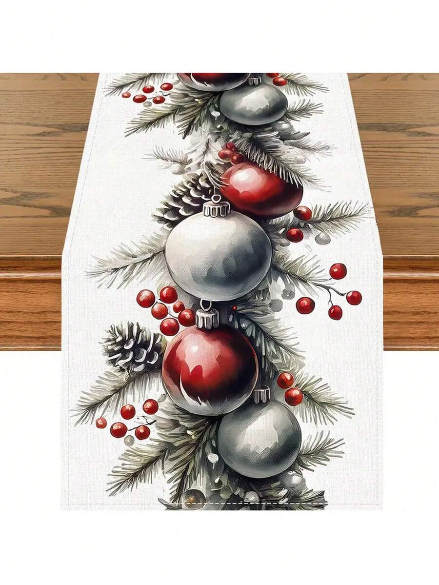 1pc Christmas Table Runner – Holiday Table Cover With Christmas Ball Pattern - Machine-Made, Ideal Gift For Home Decoration And Festive Atmosphere - Multicolor - View 1