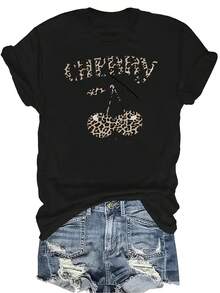 Camiseta con estampado de cerezas, unisex, de verano, casual, transpirable, de cuello redondo, de manga corta, ropa de calle, versátil, adecuada para adolescentes y adultos - Negro - Ver 1