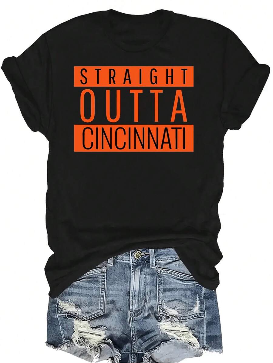 Camiseta de fútbol "Straight Outta Cincinnati" Unisex, de verano, casual, transpirable, con personalidad, cuello redondo, manga corta, ropa de calle, versátil, adecuada para adolescentes y adultos - Negro - Ver 1
