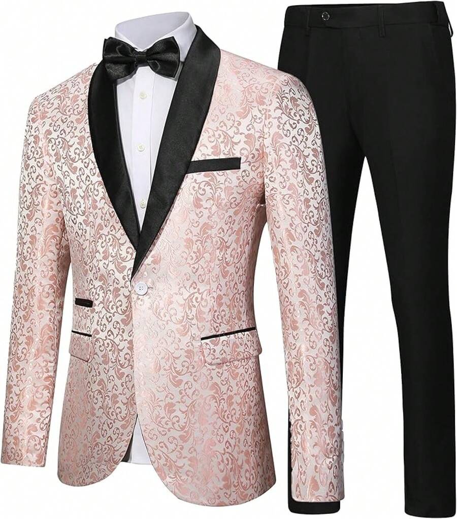 Men's Floral Dinner Party Prom Wedding Stylish Suits For Men One Button Dinner Jacket Pants Sethalloween - 粉紅色-2件 - 查看 1