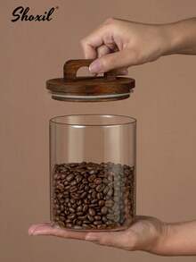 shoxil 1pc Coffee Bean Sealed Jar With Handle Wooden Lid Storage Jar Coffee Bean Glass Sealed Jar - Glass Bean Jar With Wooden Handle - View 5