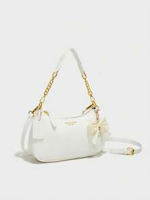 Nuevo bolso de moda clásico y versátil con diseño gráfico de letras, unicolor, material impermeable de PU, bolso de hombro, bolso de axila, adecuado para compras, decorado con colgante de ce - Blanco 5 - Ver 3