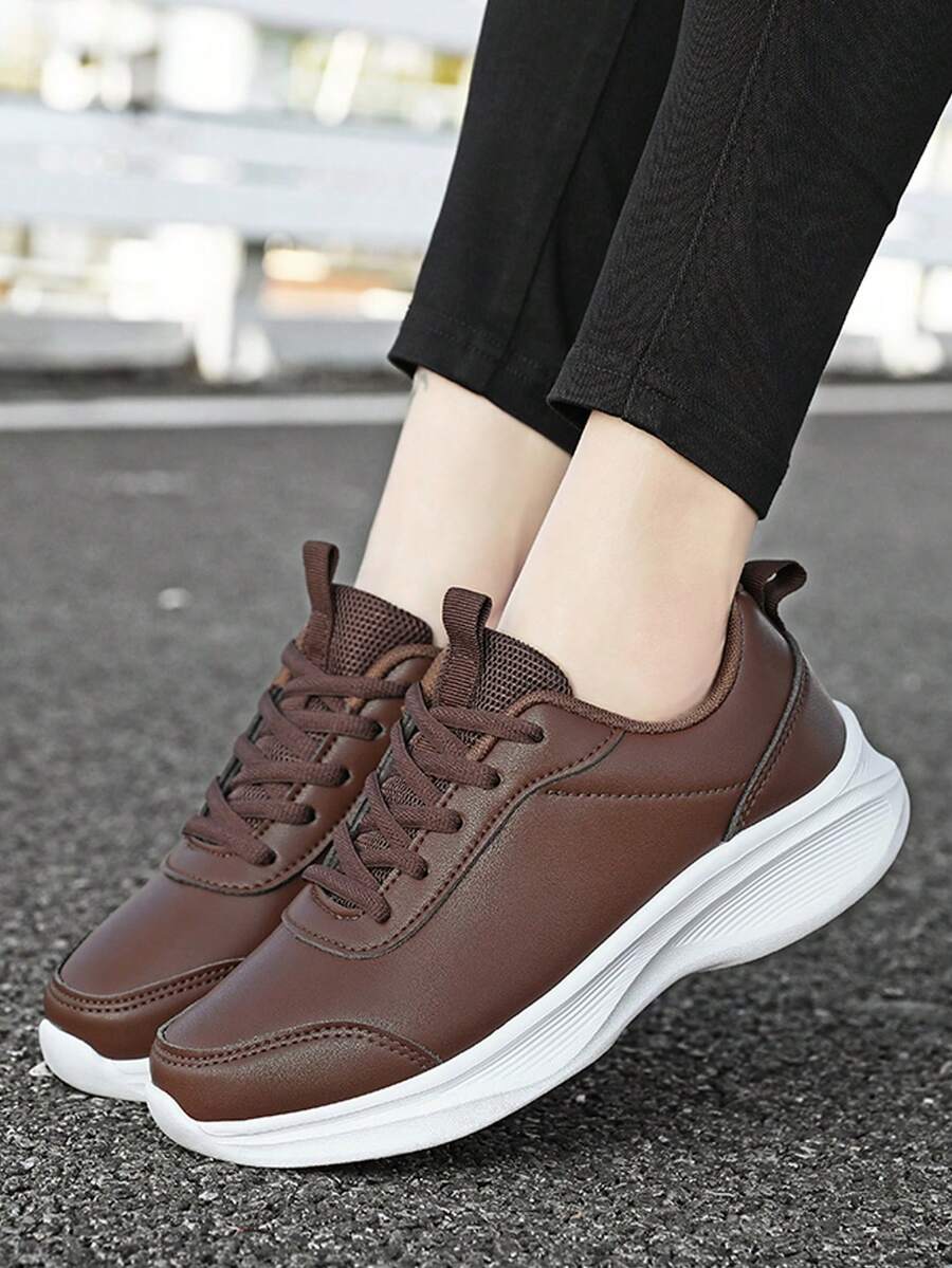 Women's Lightweight Black Casual Sneakers, Breathable, Waterproof, Comfortable Thick Sole, Fashionable Solid Color Synthetic Leather Non-Slip Low-Top Leisure Shoes, Suitable For All Seasons, Size 35-45