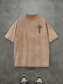 Retro Washed T-Shirt Double Sided Printed (230 Pure Cotton T-Shirt) 'No Weapon Formed Against Me Shall Prosper'  Letter And Cross Pattern Print,  Christian Gift, Mens TShirt, Mens Casual, Comfortable, Fashionable T-Shirt, Street Style Cotton - 咖啡棕 - 查看 3