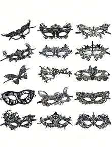 14pcs Lace Masquerade Party Performance Skin-Friendly Soft Sexy Women's Masks - Black - View 1