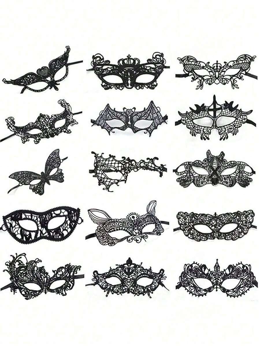 14pcs Lace Masquerade Party Performance Skin-Friendly Soft Sexy Women's Masks - Black - View 1