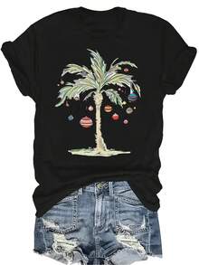 Camiseta con estampado de árbol de Navidad, unisex, de verano, casual, transpirable, de personalidad, de cuello redondo, de manga corta, ropa de calle, versátil, adecuada para adolescentes y adultos - Negro - Ver 1