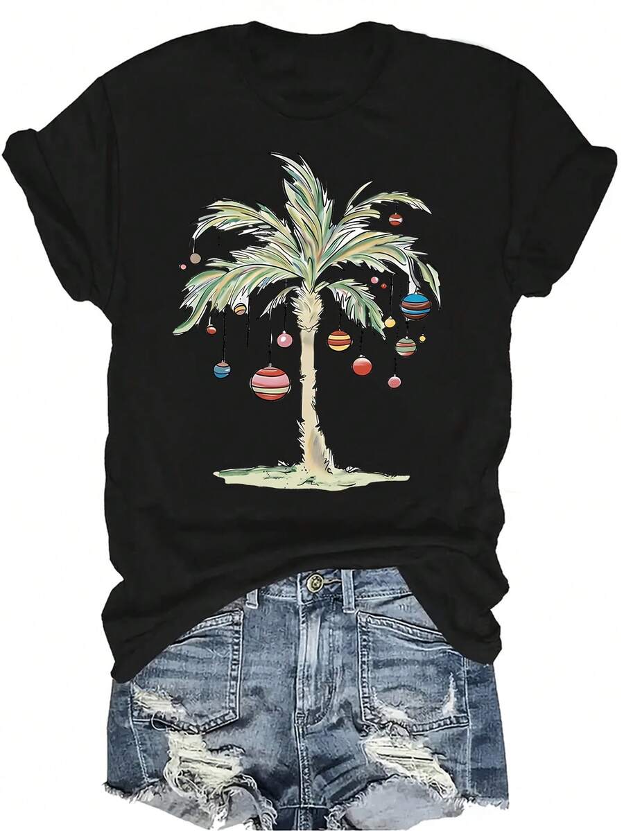 Camiseta con estampado de árbol de Navidad, unisex, de verano, casual, transpirable, de personalidad, de cuello redondo, de manga corta, ropa de calle, versátil, adecuada para adolescentes y adultos - Negro - Ver 1