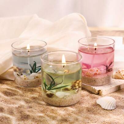 1pc/Box Crystal Cup Jelly Scented Candle, Ocean Life Series, Beach, Assorted Seashells, Seaweed Decor, Ideal For Ambiance Creation, Suitable For Birthday Party, Christmas, Anniversary, Home Decor And Tabletop Decoration