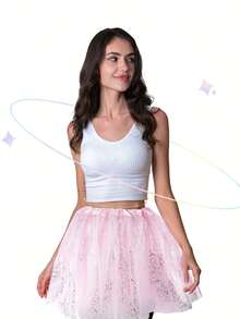 Adult Women's 3-Layer Sequined Tiered Tulle Ballet Tutu, Elegant Elastic Waist Mini Skirt For Ballet, Women's Clothing - Màu Hồng Tươi - Xem 4