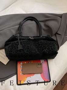 1pc Leopard Print Large Capacity Tote Bag, Fashion Strap Decor Shoulder Bag, Magnetic Closure, Suitable For Daily Outing, Dating, Commuting - Black - View 6