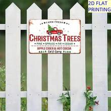 1pc Vintage American Style Christmas Hanging Decor! 2D Flat Printed Wooden Sign, Red Pickup Truck Carrying Christmas Tree + "FARM FRESH CHRISTMAS TREES" Classic Farm Design, Also Includes Cozy Elements Like Hot Cocoa, Suitable For Fireplace Wall, Porch, Christmas Market, Retro Cafe, Etc. Instantly Elevates The Holiday Atmosphere, Excellent Decorative Plaque And Accessory To Bring Nostalgic Warmth To The Christmas Season. Home Decor Christmas Decorations Room Decor