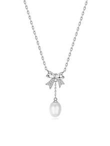 1 套奢华 S925 纯银蝴蝶结养殖珍珠和立方氧化锆项链和耳环套装，情人节、派对、日常佩戴的优雅珠宝礼物，配有精致礼品盒