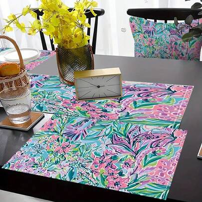 1 pieza / 4 piezas Manteles individuales con patrón de estanque de lirios vibrantes hechos de material de poliéster suave. Estos manteles individuales rectangulares tejidos son antideslizantes y lavables a máquina, adornados con coloridos patrones florales y de plantas. Perfectos para decoraciones festivas y ajustes de mesa para fiestas.