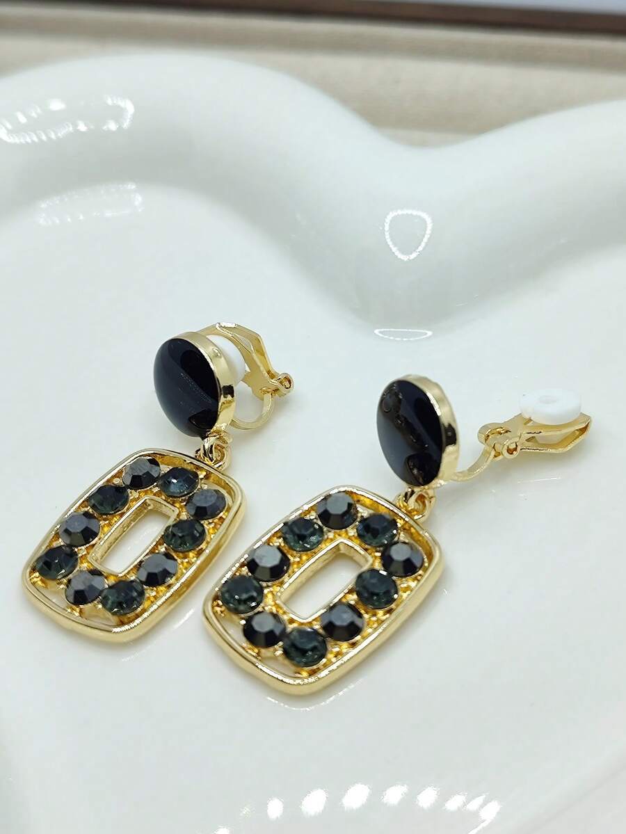 2pcs Vintage French Style Rhinestone Square Clip-On Earrings, Minimalist Geometric Pendant Earrings For Non-Pierced Ears - Clip - View 1