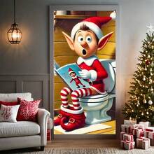 1pc, 35.4x70.8 Inches (90x180 Cm), Merry Christmas, 2D Christmas Curtain Design With The Theme Of Christmas Elves Reading In The Toilet, Made Of Polyester, Suitable For Birthdays, Parties, Celebration Events, Indoor/Outdoor Decoration, Home, Porch, Lawn, Garden, Courtyard Decoration, Universal Theme, With Holes For Easy Hanging