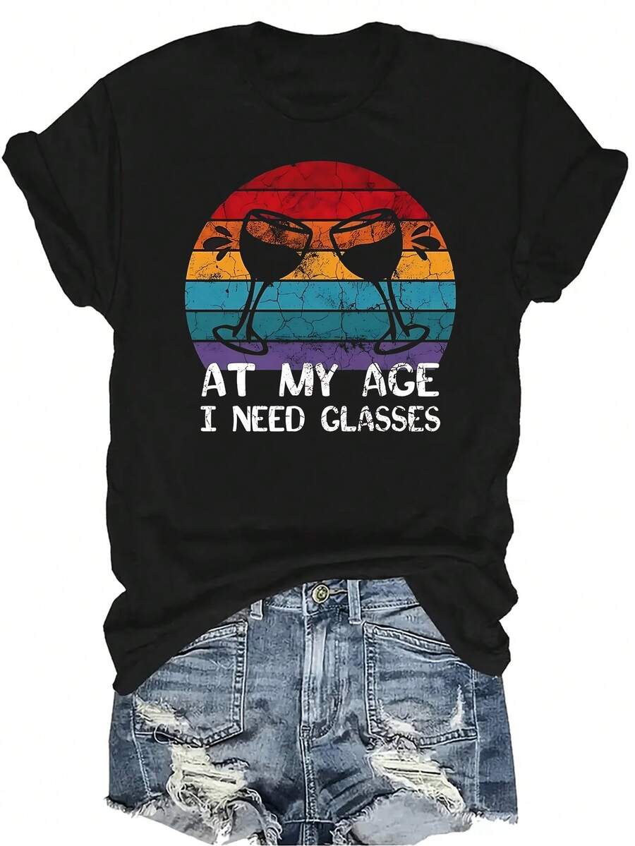 A mi edad necesito gafas Camiseta divertida y graciosa para amantes del vino Unisex Verano Casual Transpirable Personalidad Cuello redondo Manga corta Camiseta Ropa de calle Versátil, Adecuado para adolescentes y adultos - Negro - Ver 1