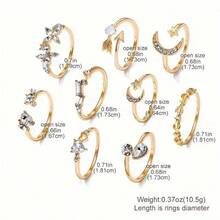 9-Piece Set/Love Butterfly Star Moon Ring Diamond Heart-Shaped Leaf-Shaped Ring, Ladies' Light Luxury High-Quality Alloy Splicing Ring, Suitable For Girlfriends And Besties Gifts - 金色 - 查看 5