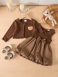 2pcs Baby Girls' Brown Collar Bow Decor Sleeveless Vest & Bubble Skirt Dress Set With Matching Long Sleeve Bear Jacket, Toddler Autumn Outfit - Coffee Brown - View 3