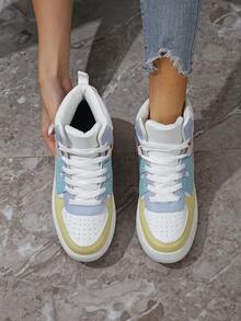 Women's High-Top Casual Sneakers, Fashionable And Versatile Patchwork Color Design, Breathable, Comfortable And Soft Fabric - White Yellow Moon - View 3