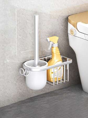 1 st svart/vit toalettborste med hållare, väggmonterad toalettborste för badrum, handsfree toalettrengöringsverktyg badrumstillbehör badrumsverktyg