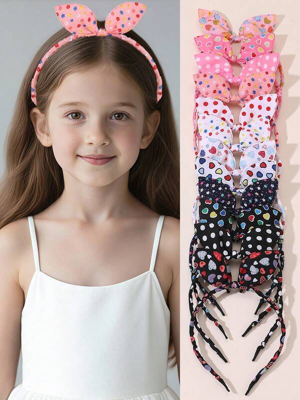 12pcs/Set Girls Polka Dot Fabric Rabbit Ears Bow Headband Set, Suitable For Daily Decoration