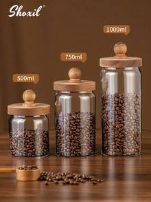 shoxil 1pc Coffee Bean Sealed Jar With Handle Wooden Lid Storage Jar Coffee Bean Glass Sealed Jar - Glass Bean Jar With Wooden Handle - View 4