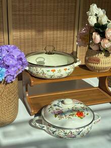 1set φ24cm/9.45in Multifunctional Extra-Thick Enamel Baking Pan, Double Handles And Enamel Lid - Perfect For Outdoor Gatherings, Stews, Soup Pots And Serving Dishes. Suitable For Food, Snacks, Fruits, Sushi, Pizza, Desserts