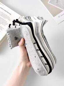 10pcs/6pcs Women's Cute Striped Bow, Polka Dot Pattern Ankle Socks, White Socks, Black Socks, Suitable For Daily And Casual Wear, 2pcs