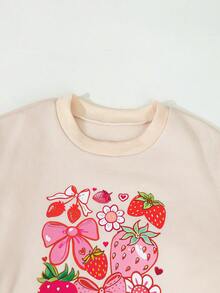 Casual Strawberry & Bow Print Round Neck Long-Sleeved Sweatshirt&Pants For