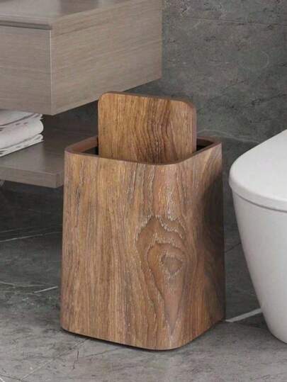 Wooden Grain Trash Can, Vintage Creative Design For Home, Living Room, Bedroom, Kitchen, New Chinese Style, High-Quality Large Size Waste Bin For Bathroom