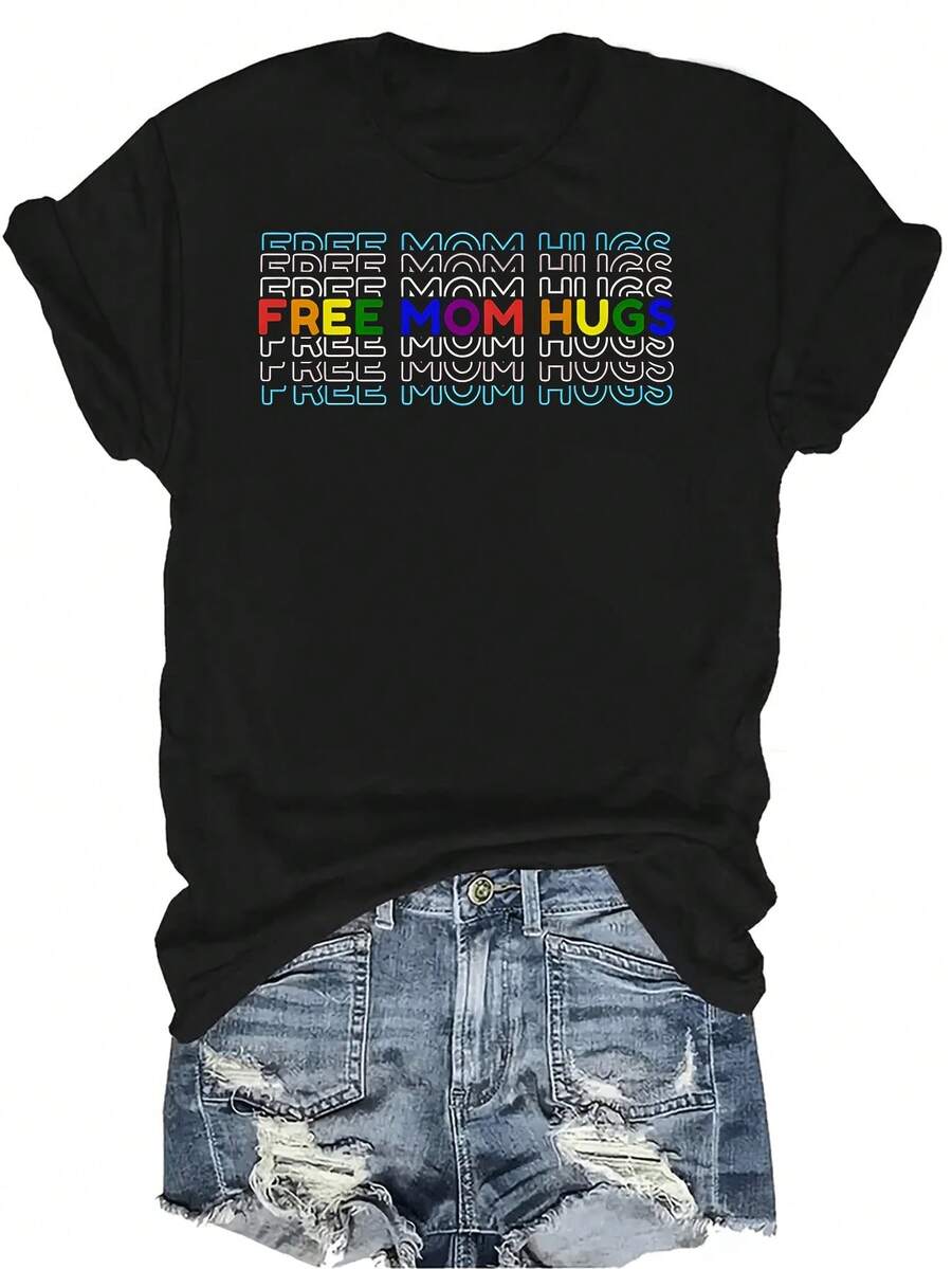 Abrazos gratis para mamá, Camiseta del Mes del Orgullo Unisex, Casual de verano, Transpirable, Personalidad, Cuello redondo, Manga corta, Camiseta de uso versátil, Adecuada para adolescentes y adultos - Negro - Ver 1