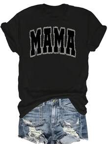 Camiseta unisex de verano casual y transpirable con estampado de letras "MAMA", de cuello redondo y manga corta, versátil, adecuada para adolescentes y adultos - Negro - Ver 1