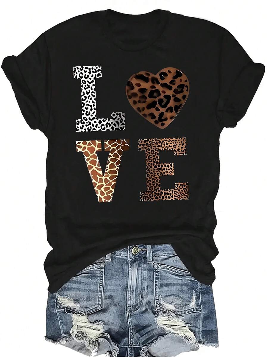 Camiseta unisex de manga corta con cuello redondo, de verano, casual, transpirable y con personalidad "Love and Leopard", versátil y adecuada para adolescentes y adultos - Negro - Ver 1