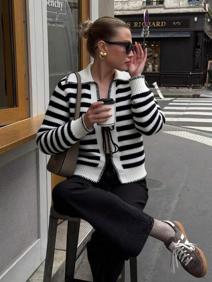 2025 Women's Autumn/Winter New Fashion Casual Loose Striped Knitted Cardigan With Contrast Binding Tie, Basic Tops, Back To School Clothes, Christmas Clothes, Date Night Outfits For Women, Off-The-Shoulder Sweater, Korean Style, Fall Women's Clothes, Modest Women, Party Women, Y2K Women, Tops For Going Out, Concert Women, Date Night Women, New Year, Women's Winter Clothes, Saudi National Day, Chic, Country