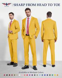 Hihawk Men's 2 Piece Suit, 2 Button Solid Pants SetChristmas FGLB - 黃色 - 查看 2