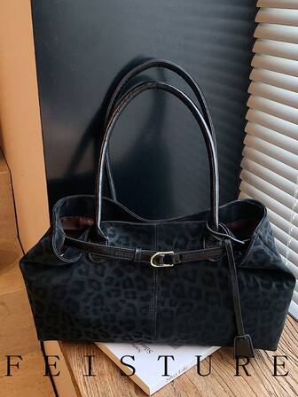 1pc Leopard Print Large Capacity Tote Bag, Fashion Strap Decor Shoulder Bag, Magnetic Closure, Suitable For Daily Outing, Dating, Commuting