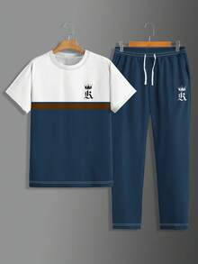 2 件男士运动服，透气舒适，优质面料超柔软渐变休闲圆领短袖上衣和慢跑裤套装，流行服装 - 藍色 - 查看 2