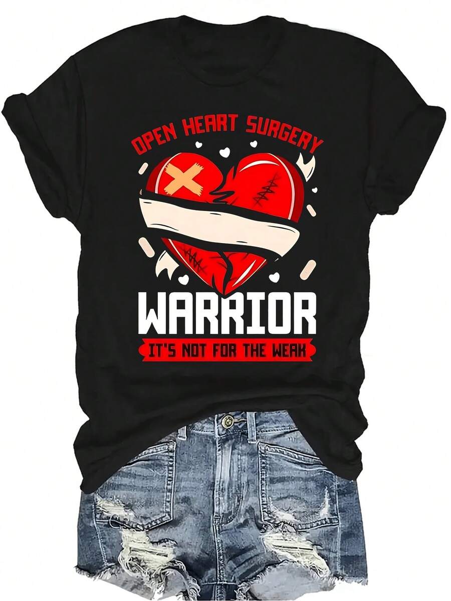 Camiseta de guerrero de cirugía de bypass de ataque cardíaco divertida, de cirugía a corazón abierto, unisex, de verano, casual, transpirable, de personalidad, de cuello redondo, de manga corta, de ropa urbana, versátil, adecuada para adolescentes y adultos - Negro - Ver 1