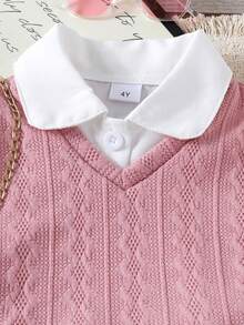 3pcs/Set Girls Cute Academic Style Pullover Vest, Solid Color Shirt, Pleated Mini Skirt Outfit, Spring/Autumn - Dusty Pink - View 4