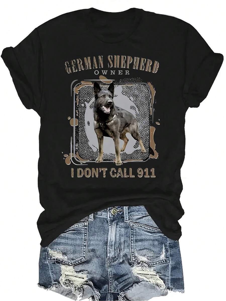 Camiseta con diseño de pastor alemán, unisex, de verano, casual, transpirable, de cuello redondo, de manga corta, ropa de calle, versátil, adecuada para adolescentes y adultos - Negro - Ver 1