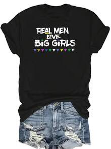 Camiseta "Los hombres de verdad aman a las chicas grandes" Unisex de verano, casual, transpirable, con personalidad, cuello redondo, manga corta, ropa de calle, versátil, adecuada para adolescentes y adultos - Negro - Ver 1