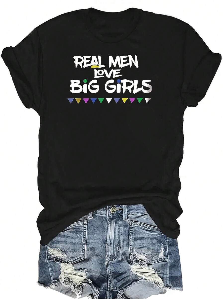 Camiseta "Los hombres de verdad aman a las chicas grandes" Unisex de verano, casual, transpirable, con personalidad, cuello redondo, manga corta, ropa de calle, versátil, adecuada para adolescentes y adultos - Negro - Ver 1