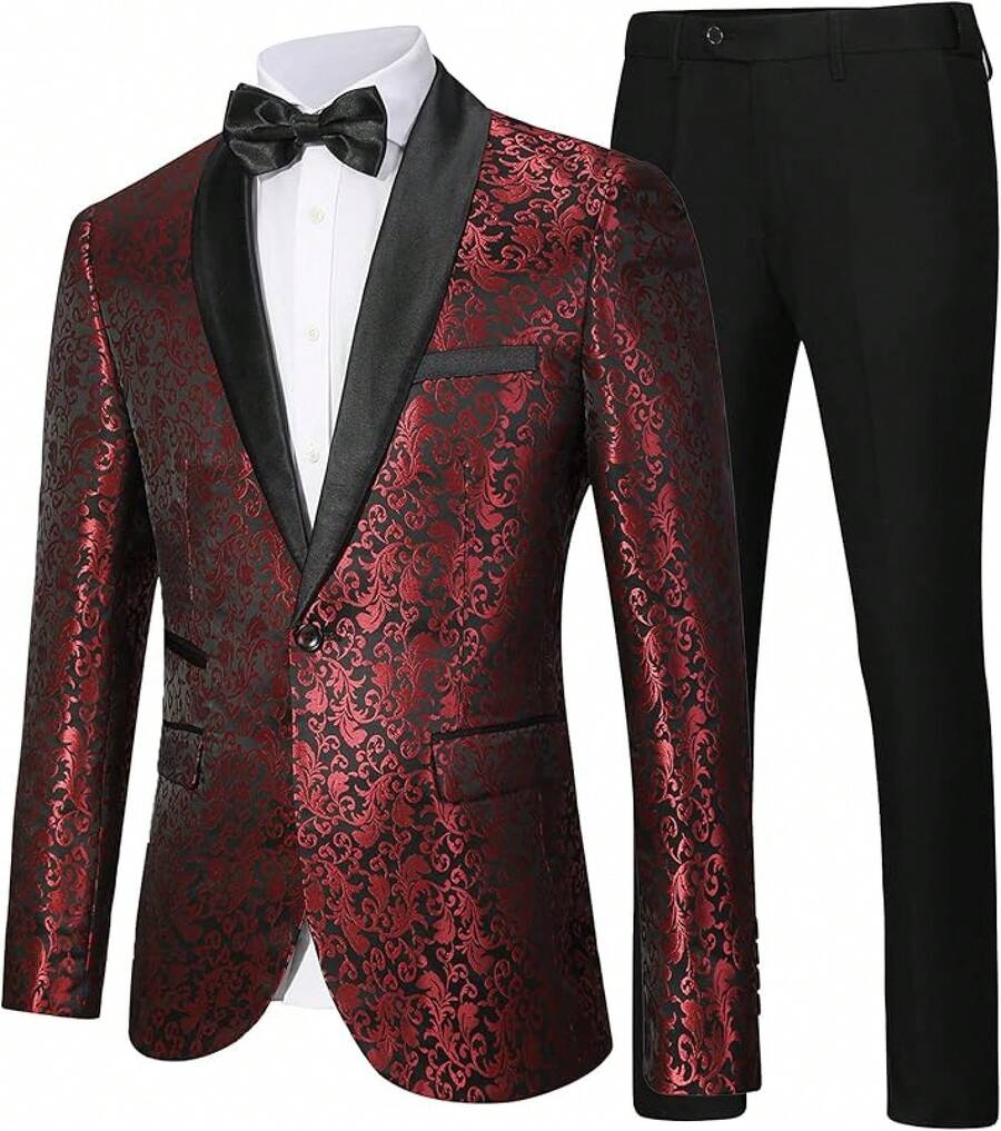 Men's Floral Dinner Party Prom Wedding Stylish Suits For Men One Button Dinner Jacket Pants Sethalloween - 紅色-2件 - 查看 1